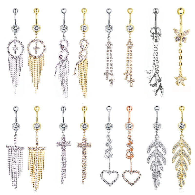Длинные висячие кольца на пупок со звездой бабочкой крестом и подвеской в