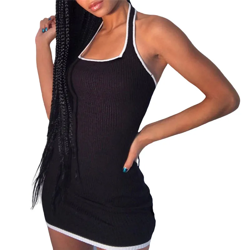 

Summer elegant club bodycon mini dresses womens sling beach leisure vacation party night stretch slim soft black dress mujer