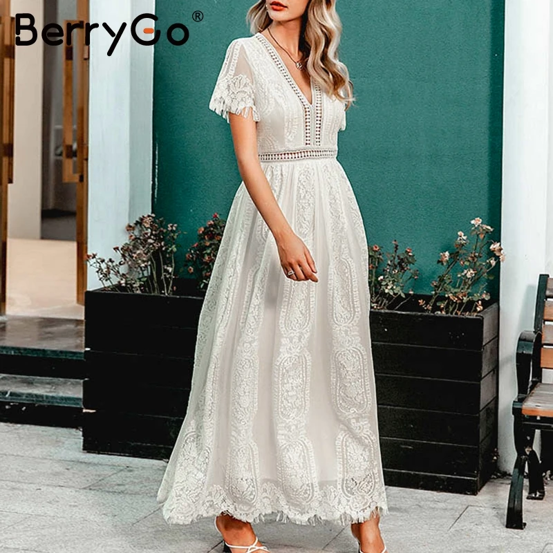 BerryGo сексуальное Белое Макси платье с v образным вырезом женское шикарное осеннее