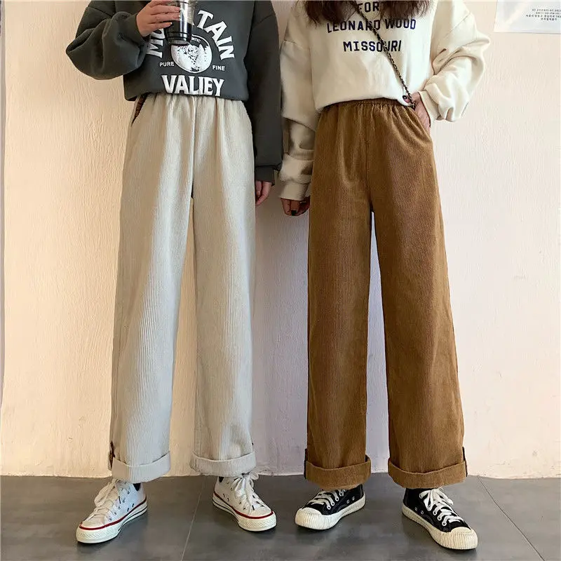

Brown Corduroy Wide Leg Pants Women Korean Fashion Beige Trousers For Female Oversize High Waist Spring 2021 Loose