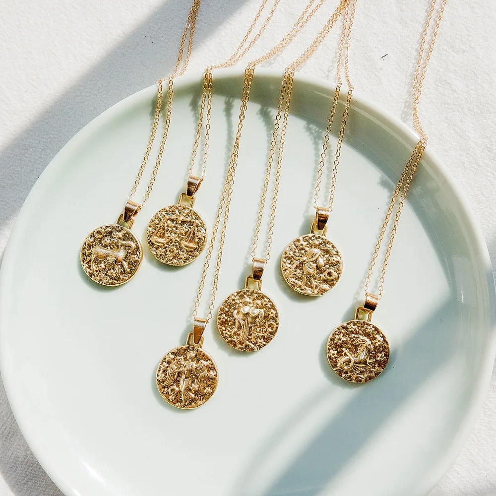 

Gold Color 12 Constellation Necklaces & Pendants For Women Girls Coin Gold Chain Necklace Gemini Celestial Virgo Taurus Leo