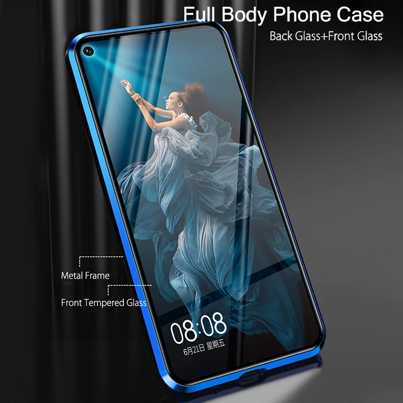 

Magnetic Adsorption Phone Case For Honor 20 20 Pro Cover Front+Back Double-Sided Tempered Glass Metal Protective Cover Bumper