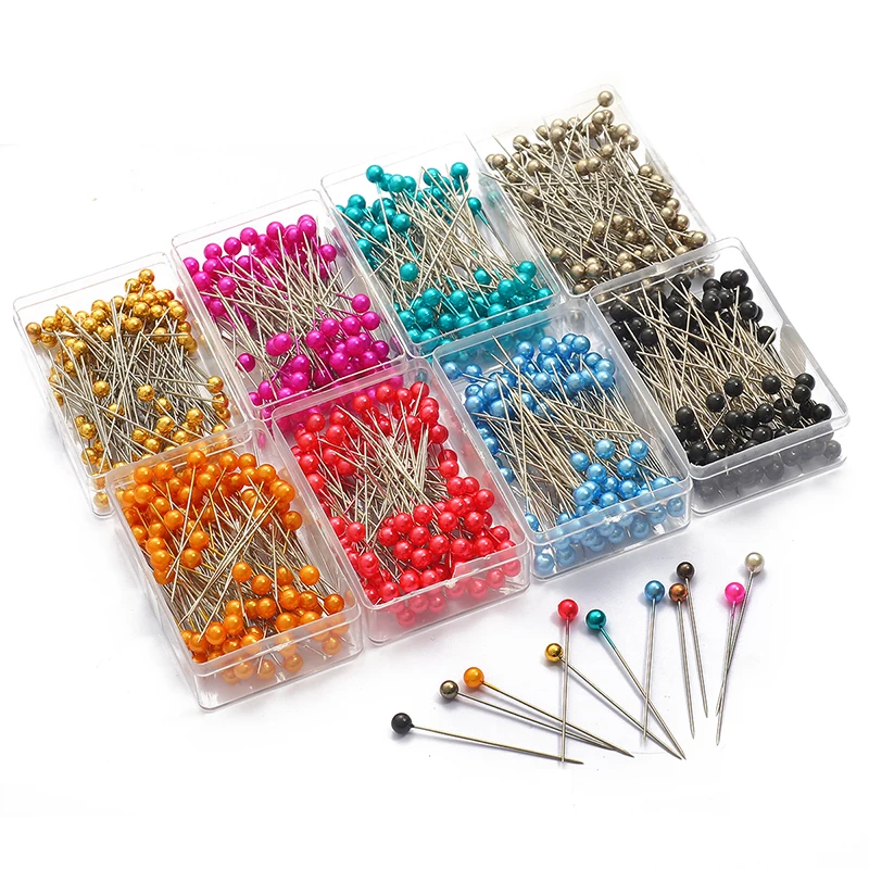 

100pcs Colorful Round Pearl Head Dressmaking Pins Needles Stitch DIY Craft Wedding Corsage Sewing Positioning Box Sewing Tools
