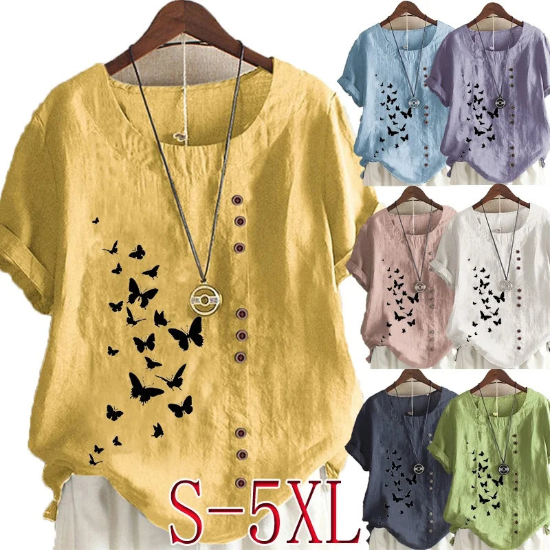 

Женская новая летняя модная повседневная льняная рубашка с круглым вырезом Футболка с принтом топы с коротким рукавом Свободная блузка