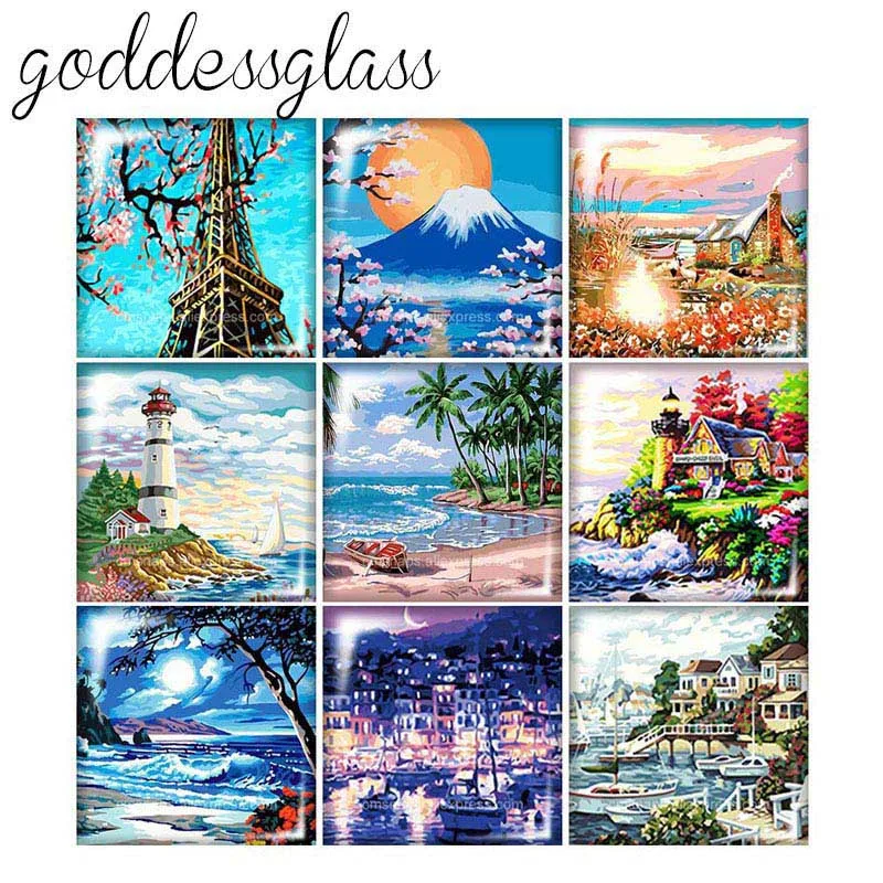 Стиль масляноц живописи горный башня декорации квадрат 10 шт. Смешанные 12 мм/20 мм/25