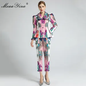 MoaaYina, модный дизайнерский комплект, весенние женские топы с длинными рукавами + индийский народный принт, штаны 34, высококачественный комплект из двух предметов
