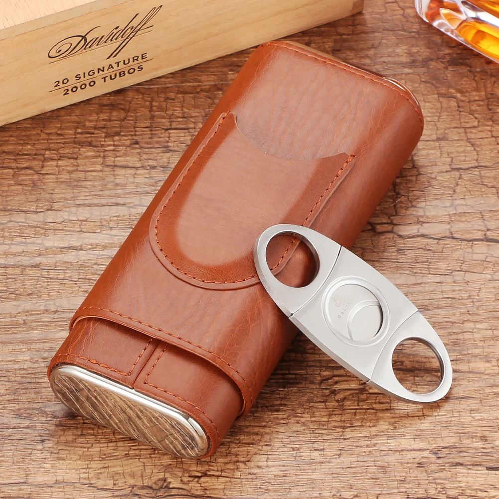 

GALINER Portable Travel Humidor Leather Cigar Case With Cutter Guillotine Cigar Accessories Cedar Wood Lined Fit 3 Cigars Box