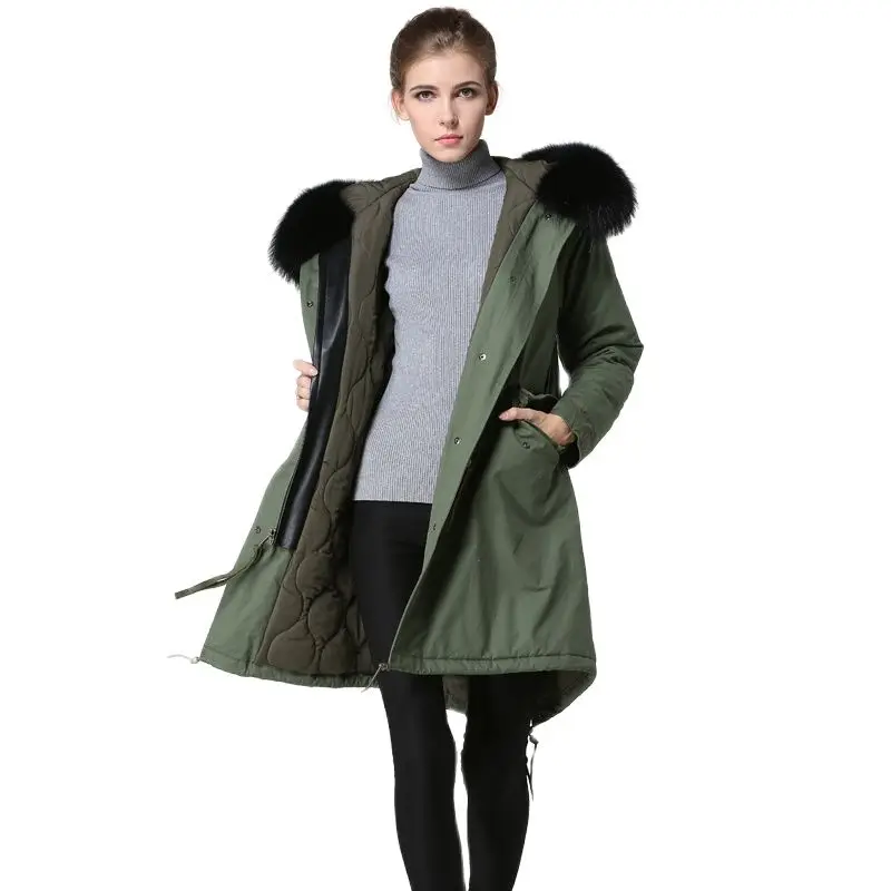 Новейшая длинная стильная зимняя меховая куртка армейского зеленого цвета