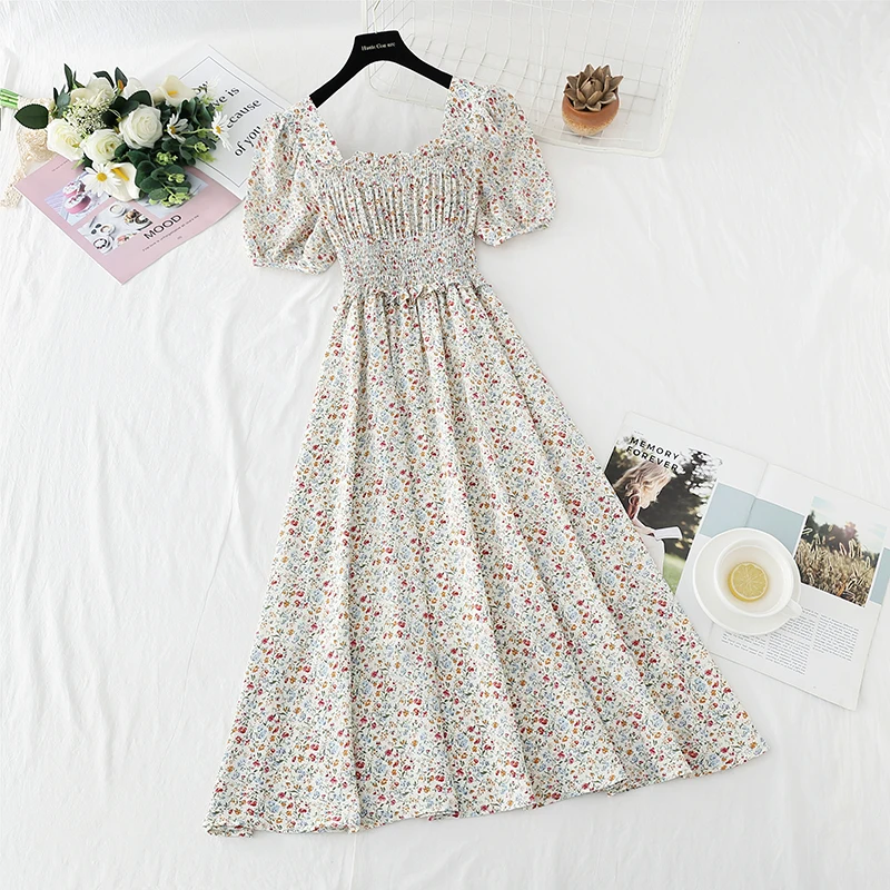 

Elegant Ruffle Women Short Sleeve Floral Dress Vintage Square Neck Elastic waist Print Chiffon Long Dresses 2021 Summer Dress