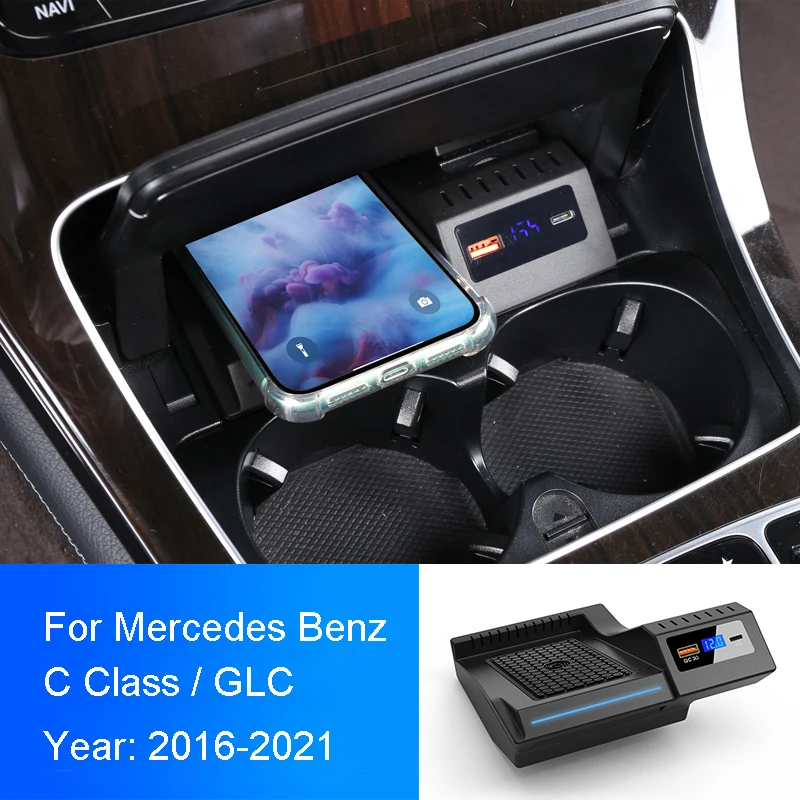 

Автомобильное беспроводное зарядное устройство для Mercedes Benz W205 C43 C63 C200L C180 C300 GLC 43 GLC63 X253 C Класс 2016-2021 15 Вт зарядная пластина для телефона