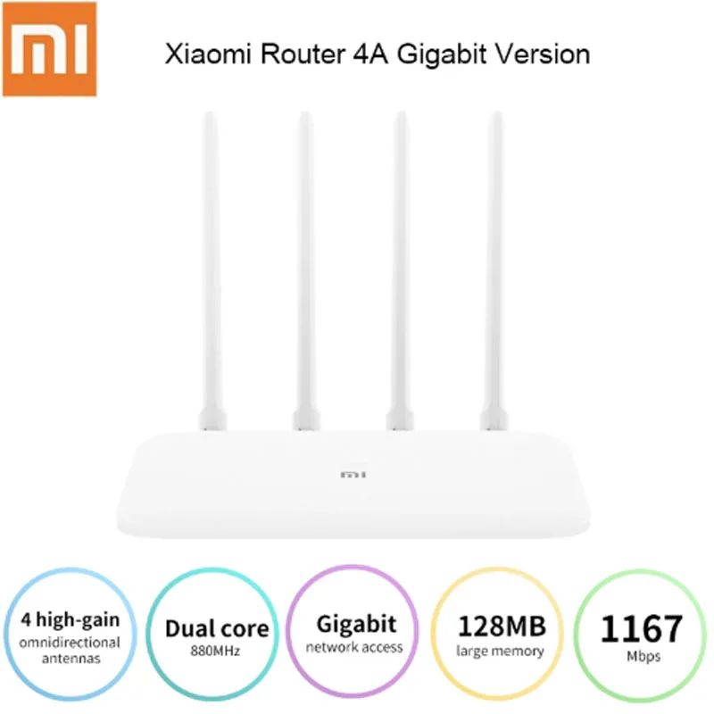

Маршрутизатор Xiaomi Mi, роутер 4A гигабитная версия 2,4 ГГц 5 ГГц WiFi 1167 Мбит/с WiFi ретранслятор 128 Мб DDR3 с высоким коэффициентом усиления, 4 антенны, с...