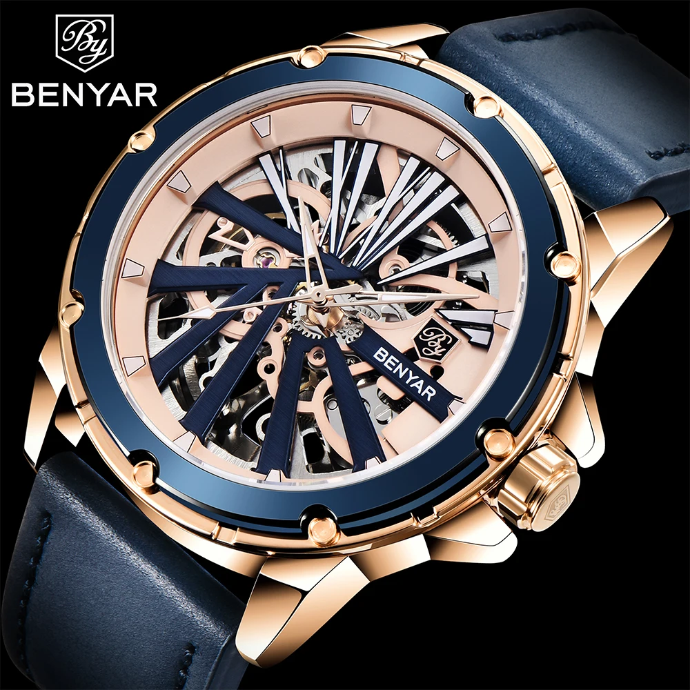 BENYAR  Men Watch 50M Waterproof Stainless Steel Men Mechanical Wristwatches Skeleton Military Leather Watches reloj hombre