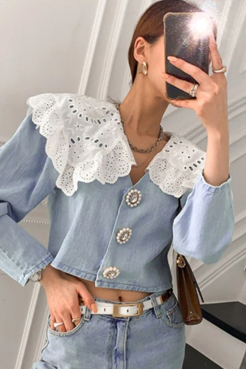 

Korean retro wash blue Lapel lace stitching high waist short long sleeve denim shirt women shirts blouses Casual Cotton