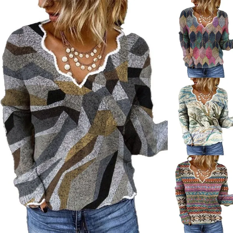 

Vintage Geometric Print Long Sleeve T-shirt Casual V Neck Harajuku Y2K Top Female Loose Elegant Pullover Tee Shirt Woman Clothes