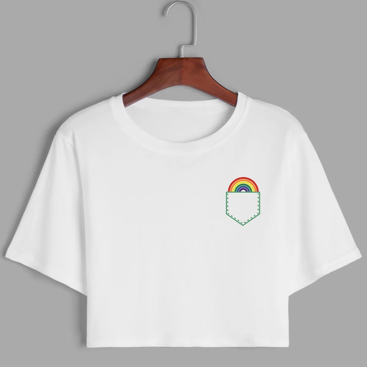 

Женская укороченная футболка с радужными карманами, укороченный топ, футболка с графическим рисунком, летние хлопковые топы с коротким рук...
