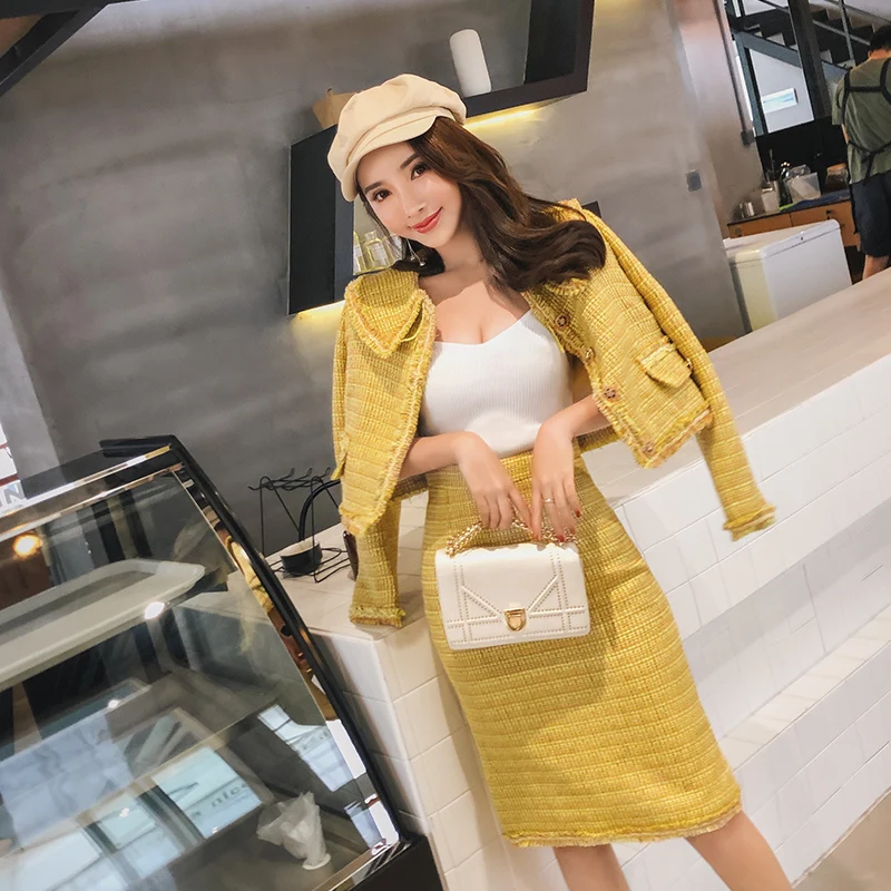 HAMALIEL Brand Runway Tweed Two Piece Set Fall Winter Women Yellow Plaid Tassel Short Weave Jacket +Pencil Wool Blends Skirt | Женская