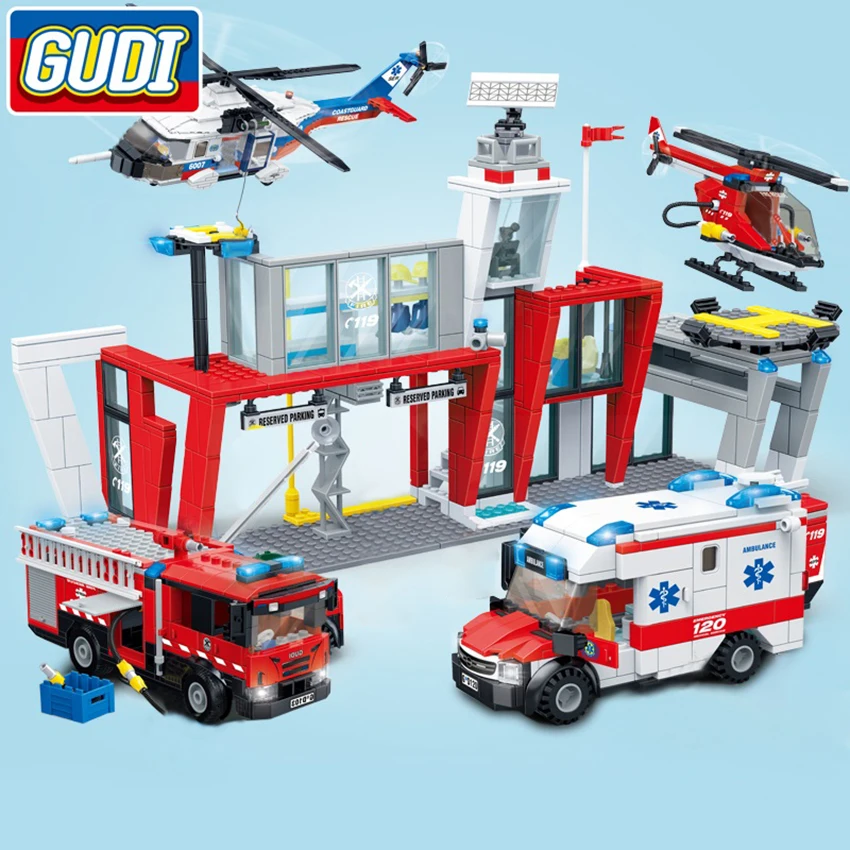 

Block GUDI City Fire Station Ambulance Plane Car Building Blocks Bricks Kits Assembled Educational Toys For Children