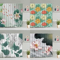 pink lotus shower curtain set ink watercolor color flowers plants green leaves bathtub decor screens washable hanging curtains
