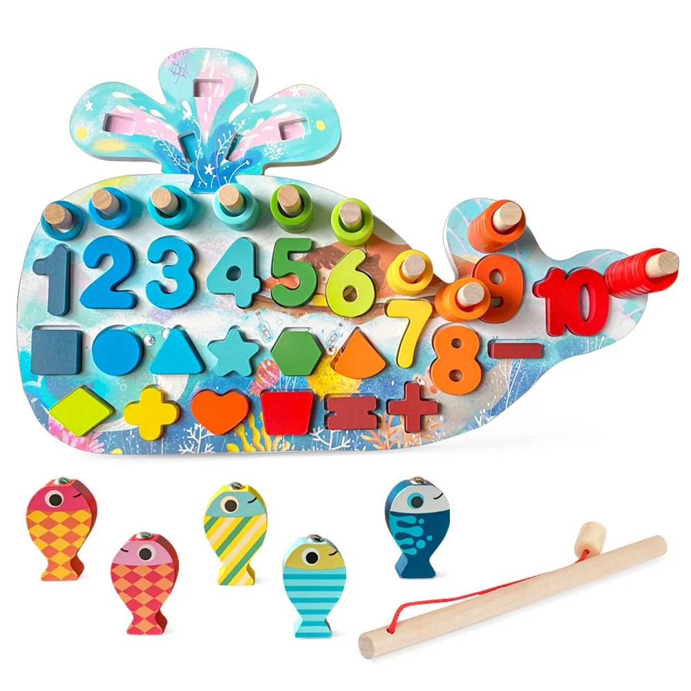 

Montessori Teaching Aids Children's Educational Wooden Logarithmic Plate Shape Matching Jigsaw Fishing Explosive Toys Gifts