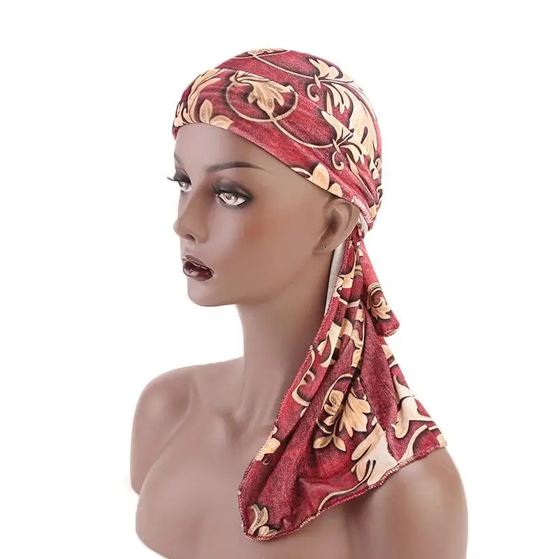 

Unisex Women Men Muslim Scarf Hijab Flower Printed Pirate Hat Long Tail Bandanas Shawl Cap Heascarf Arab Head Wrap Hair Loss New