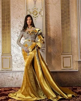 2022 luxury golden long sleeve mermaid evening dresses ruched velvet beaded crystal arabic formal gowns robe de soir%c3%a9e