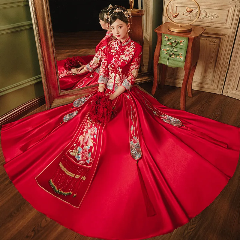 Retro Traditional Flower Embroidery Chinese Cheongsam Couple Wedding Suit Elegant Bride Marry Dress Qipao китайская одежда