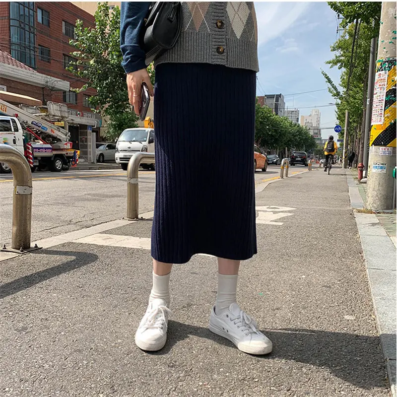 

Hzirip 2019 Stylish Vintage Sweet New Winter Brief Elastic Waist Women High Quality Casual High Waist Slim Knitted Split Skirts