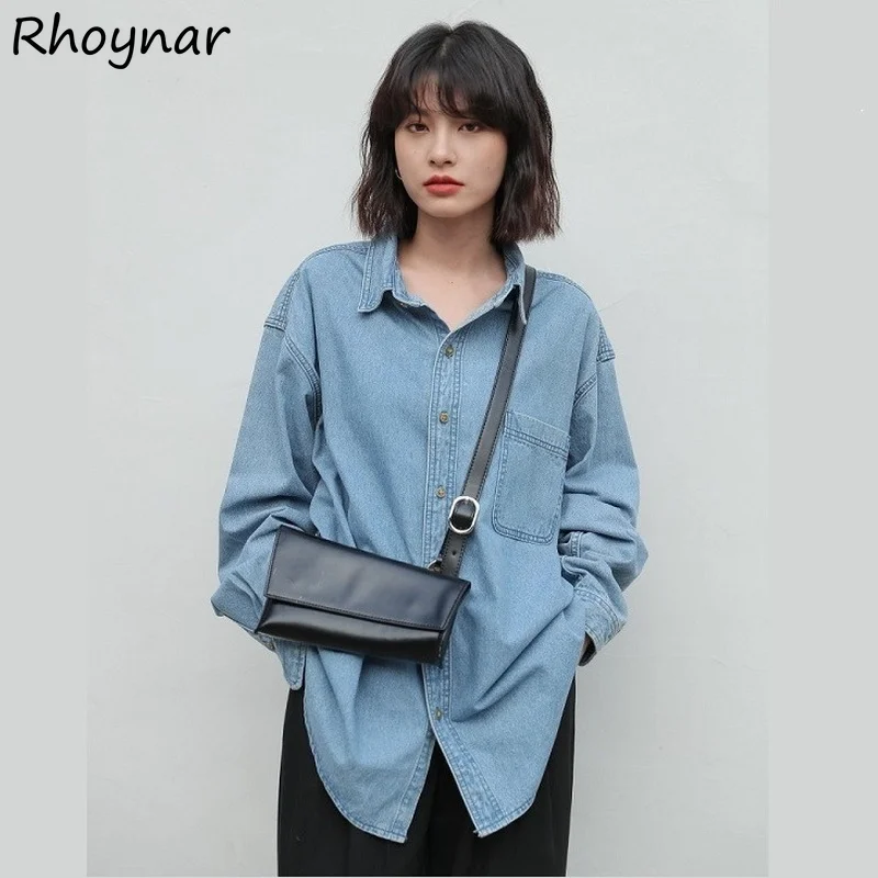 

Женская джинсовая рубашка, однобортная, винтажная, с отложным воротником, в Корейском стиле