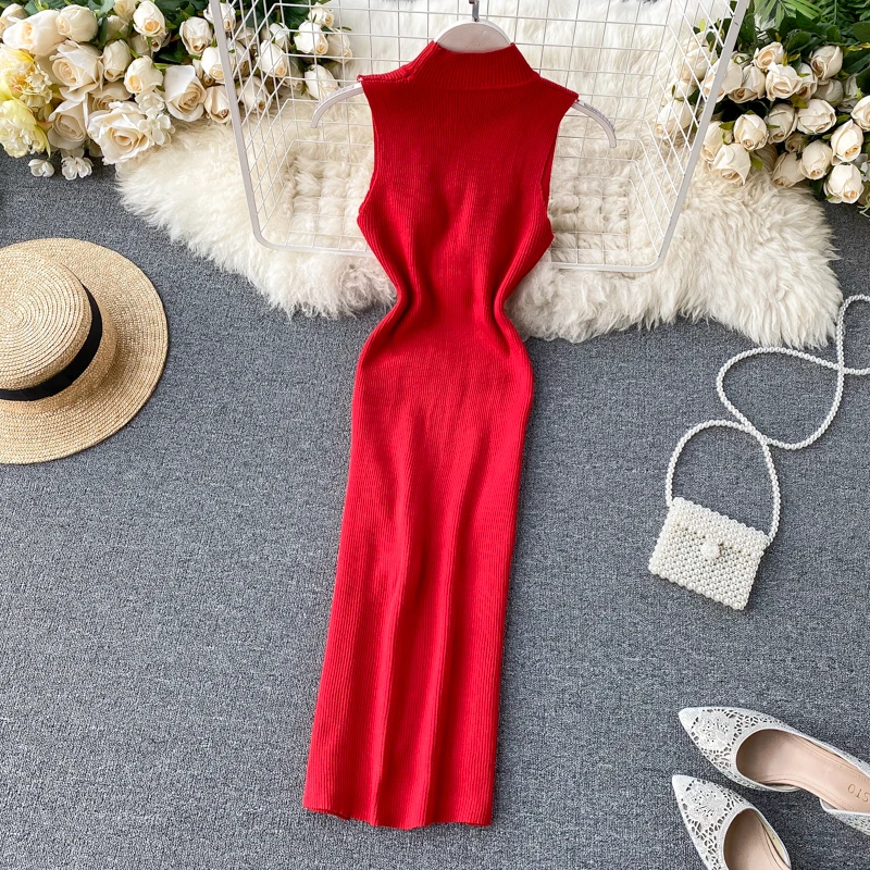 Женское Бандажное однотонное платье с высокой талией и круглым вырезом