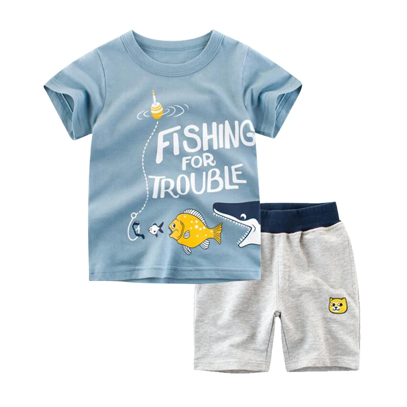 BINIDUCKLING Summer Toddler Boy Clothes Set Cartoon Cotton Blue Short Sleeve T-shirt+Shorts 2PCS For Kid Children Clothing Sets |