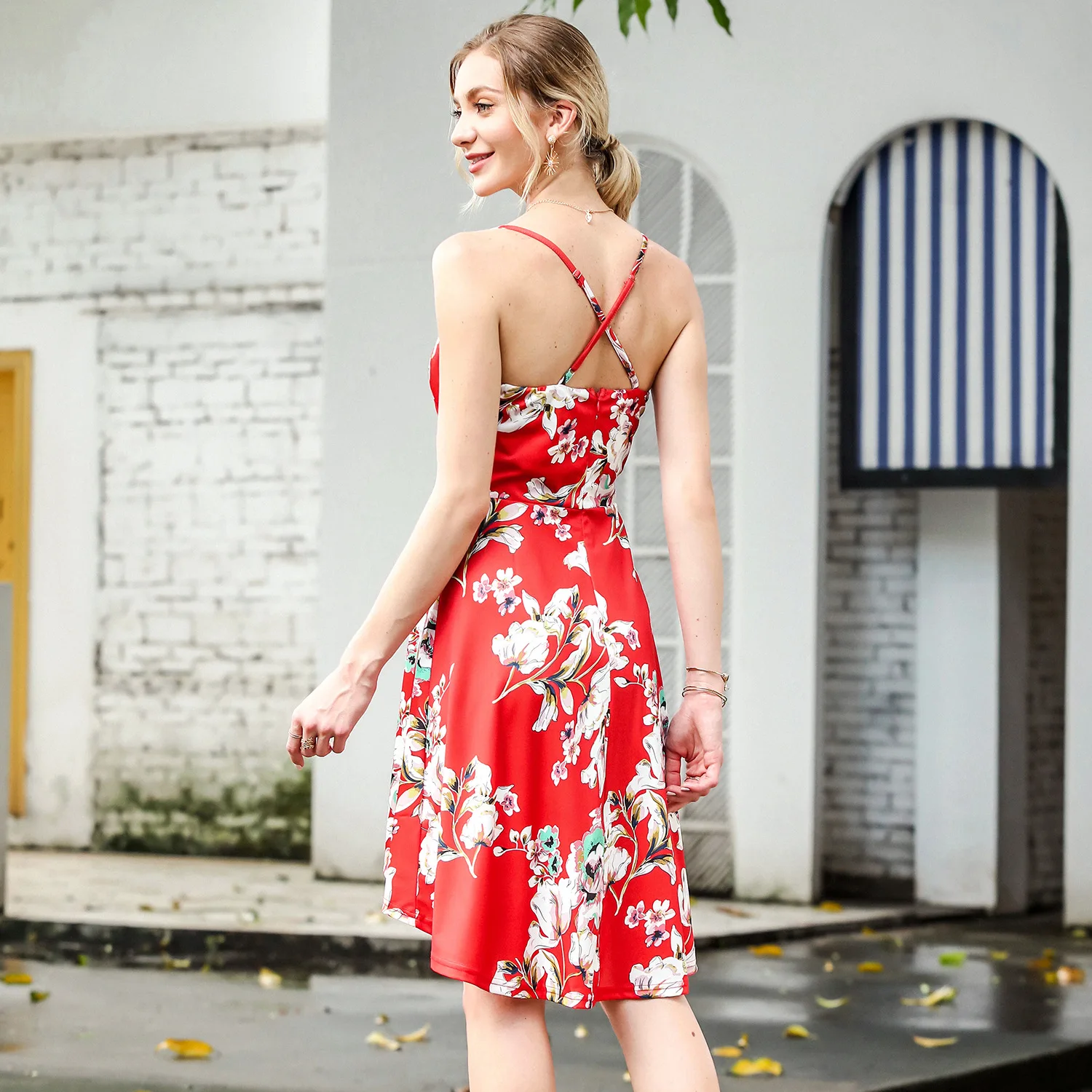 

Summer Boho Print Sleeveless Irregular Women Red Dress Sexy Deep V-Neck Spaghetti Strap Slim Party Dress Casual Backless Vestido