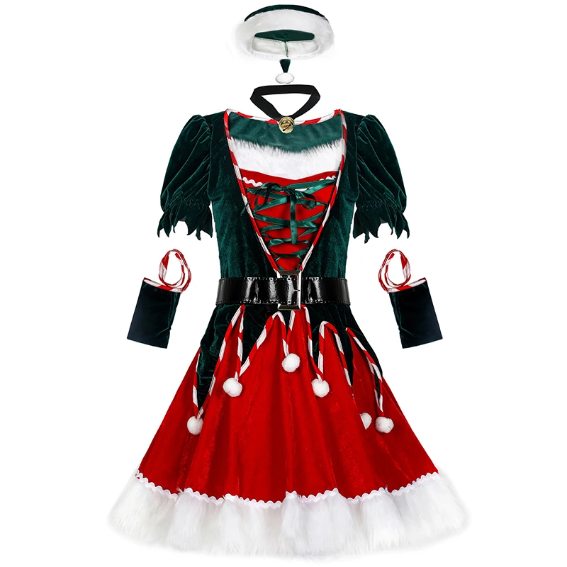 

Lady Christmas Elf Mascot Santa Claus Costume Flannel Naughty Holiday Helper Cosplay Fancy Party Dress Carnival Halloween