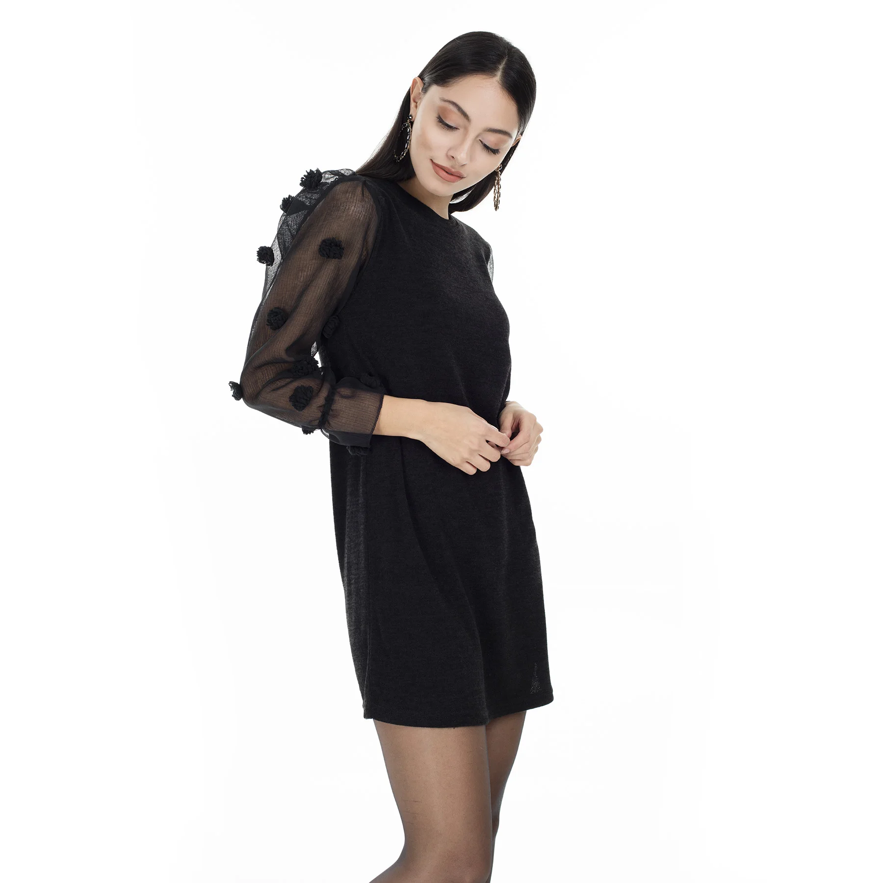 Женское платье с помпоном Lela мини из фатина рукавами 5202865|Женские платья| |