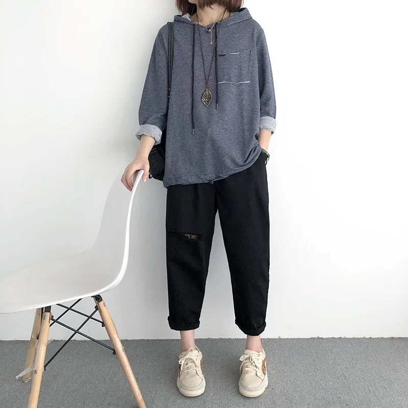 Autumn Casual Women Stripe Shirt Cotton Hooded Long Sleeve Spring Thin Pockets Loose Female Fashion Blouse YoYiKamomo