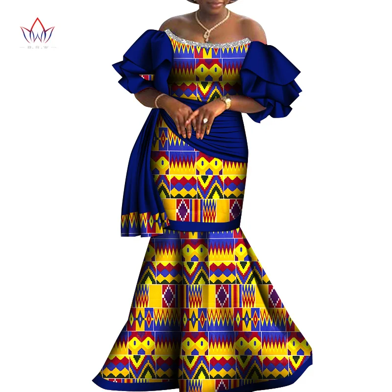 Bintarealwax Off-Shoulder Party Dress Dashiki Elegant Africa Style Clothing for Women Strapless Floor- Length Dresses  WY8794