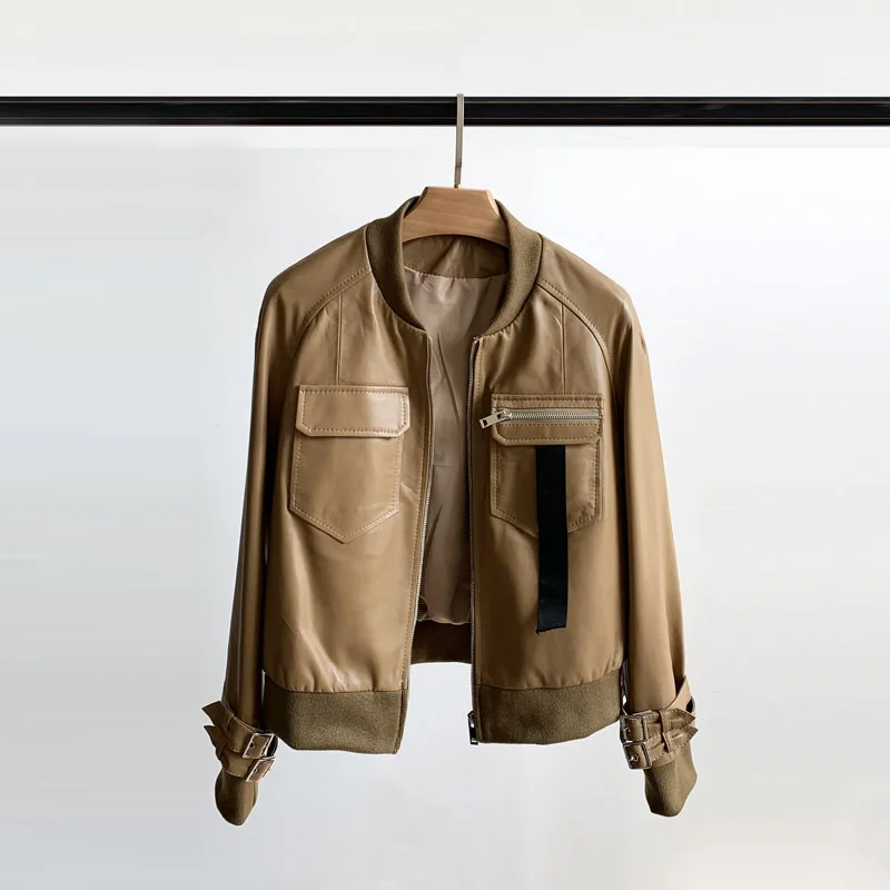 2021 Learher Coats Short Leather Coat for Women Sherling Jacket Sheepskin Collar  Brown Genuine Leather Jacket