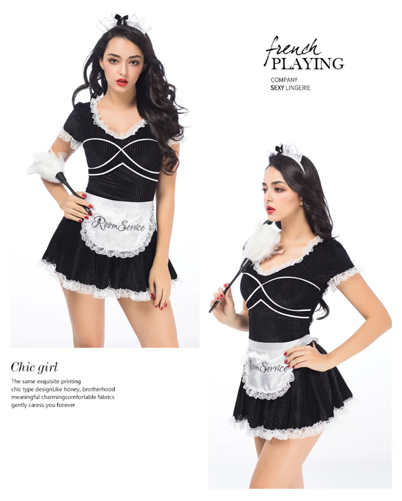 

Erotic Lingerie Cosplay Costumes lace pleated Mini Maid dress Low-Cut Neckline French Maid Outfit Women Sexy Temptation Underwer