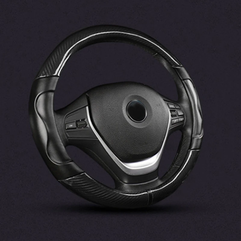 

Carbon Fiber Car Steering Wheel Cover Dustproof Protector Black Non-slip Faux Leather 38cm
