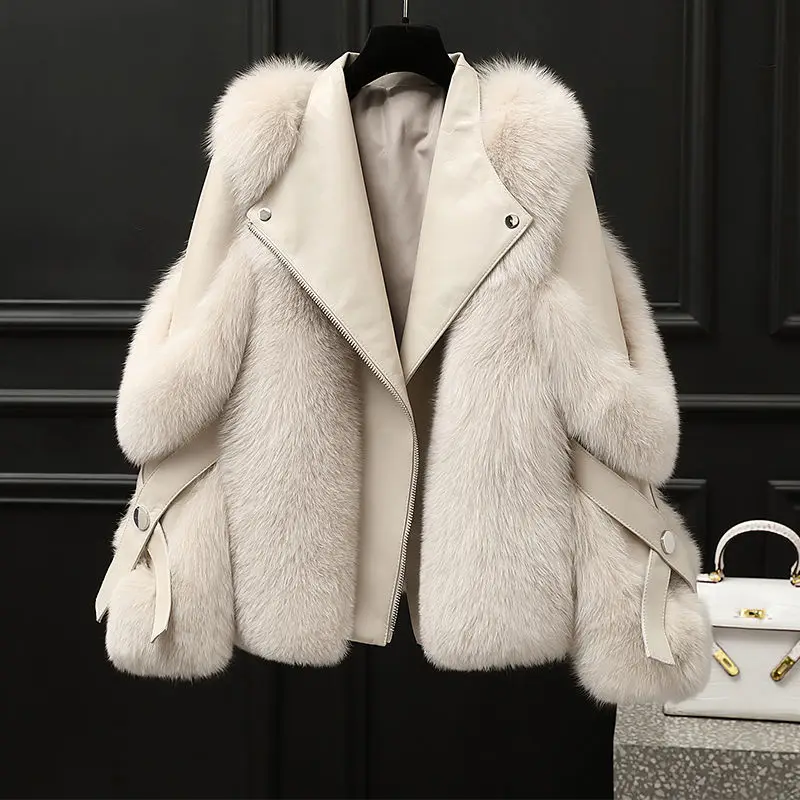 

2021 New Autumn And Winter Women'sHigh imita Fur Coat Whole Skin Fox Hair Motorcycle Style Coat Fashionable And Personalized Fur