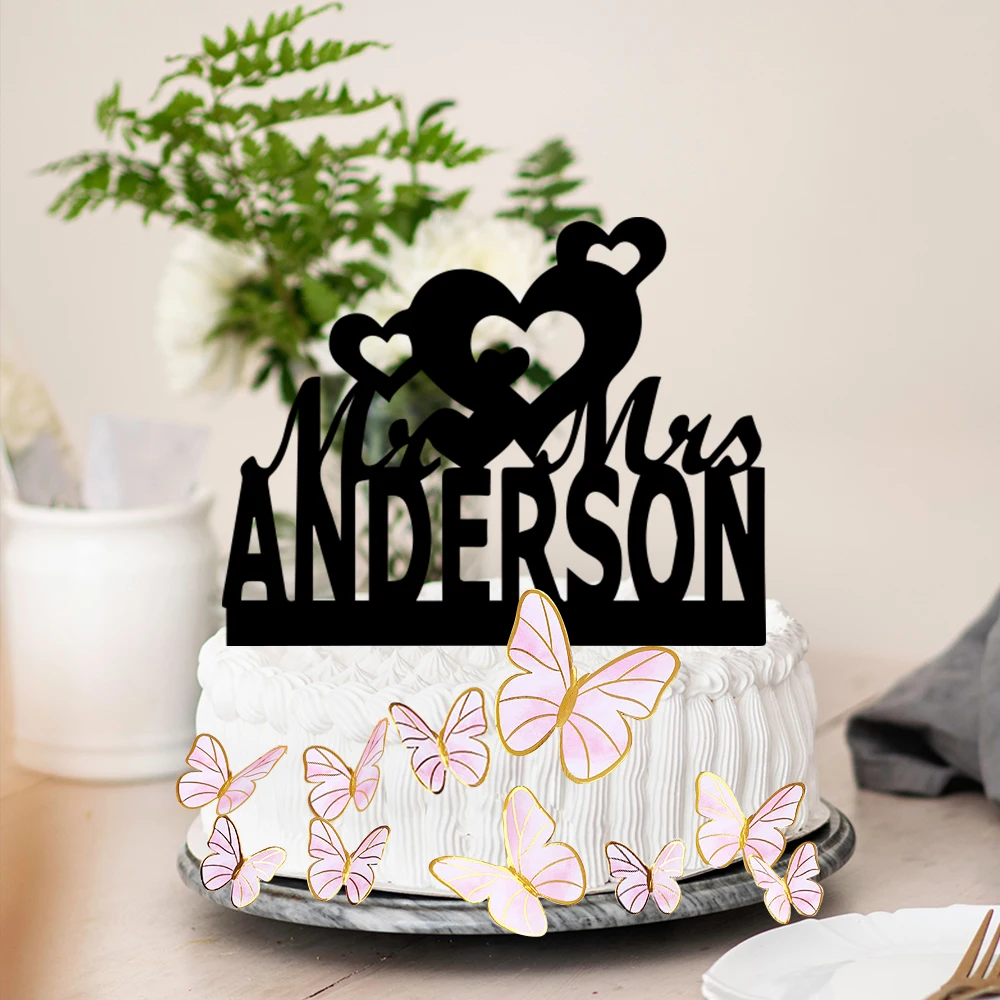 

Custom Wedding Cake Topper Of Your Name, 10 PCS Butterfly As Gift, Personalized Simple Classic Adornment For Wedding&Anniversary