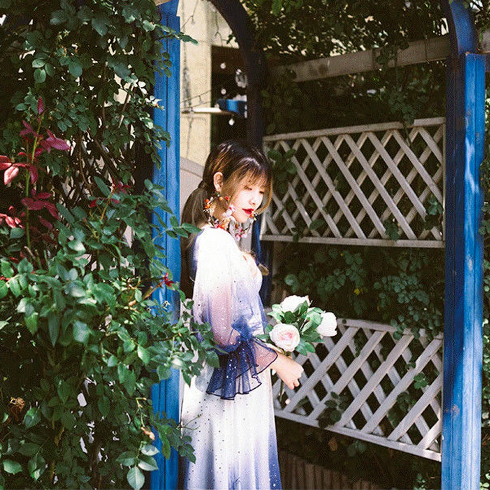 

French Fairy Dress Women 2021 Summer Elegant Designer Square Collar Midi Dress Bow Long Lantern Sleeve Gradient Dress Korean