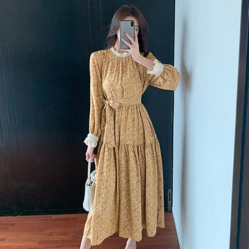 

Женское платье с цветочным принтом, длинное шифоновое платье во французском ретро-стиле с длинным рукавом, на шнуровке, нежный наряд, Y1343, ве...