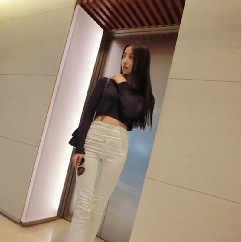 

Sexy Women Summer Cotton Blend Breathable T-shirts Long Sleeve O-neck Solid Tees Casual Navel Bare Tops Slim Fit Women Tops