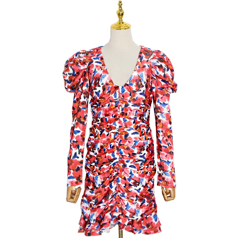 

Chao brand autumn and winter sexy deep v bubble sleeve long sleeve slim hip printed fishtail dress skirt