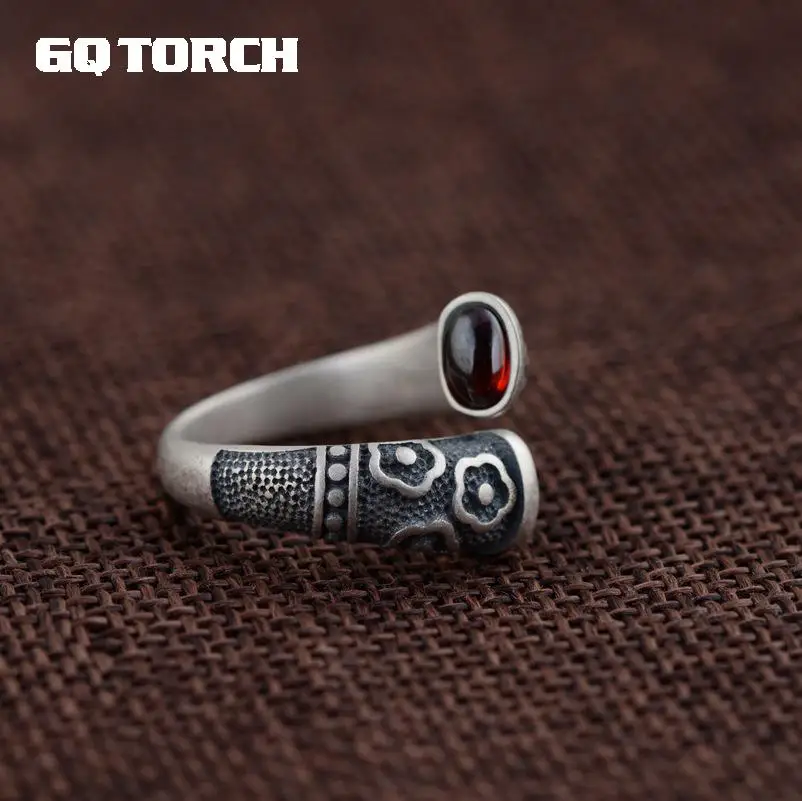 

GQTORCH Vitnage Thai Silver Ring 925 Sterling Silver Rings For Women Inlaid Red Garnet Natural Gemstone Flower Engraved Grenat
