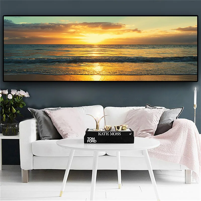 

70X230CM Nature Ocean Beach Sunsets Panorama Landscape Canvas Painting Posters and Prints Wall Art Picture for Living Room