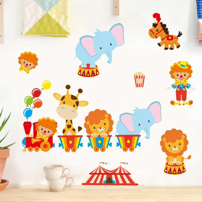 

Cartoon Animal Circus Elephant Lion Giraffe Wall Stickers For Kids Room Bedroom Nursery Removable Wall Decals Home Decoration