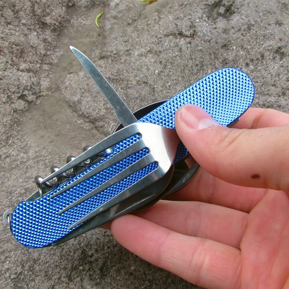 

6 in 1 Camping Tableware Folding Spoon Fork Knife Opener Stainless Steel Portable Pocket Sets for Outdoor Hiking Travel Survival
