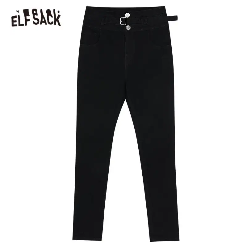 

ELFSACK Blue Solid High Waist Washed Casual Women Denim Jeans,2020 Autumn ELF Pure Korean Female Skinny Basic Daily Trousers