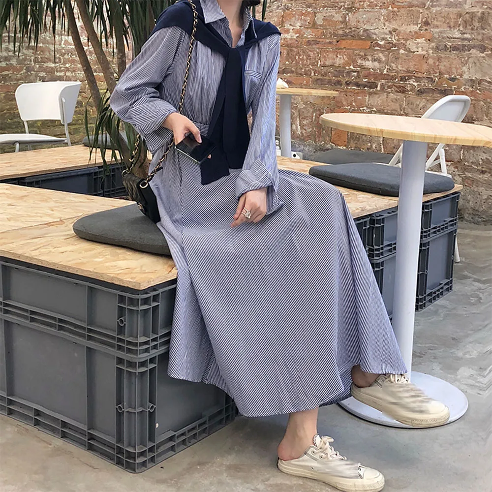 

Fashion Casual Korea Stripe Women's Dress 2021 Spring Summer Temperament All-match High Waist Lapel Long Sleeve